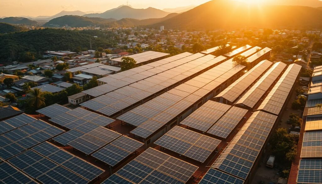 A breathtaking aerial view of solar panels blanketing the rooftops of Ribeirão Preto, Brazil. The panels glisten in the warm, golden sunlight, their sleek black surfaces arranged in orderly rows across the cityscape. In the background, lush green hills and trees frame the scene, creating a harmonious balance between renewable energy and the natural landscape. The composition captures the scale and scope of Ribeirão Preto's solar power potential, with the panels stretching as far as the eye can see, harnessing the abundant sunshine that the region is known for. A cinematic, wide-angle lens captures the sense of progress and innovation, showcasing Ribeirão Preto's leadership in the transition to sustainable energy.
