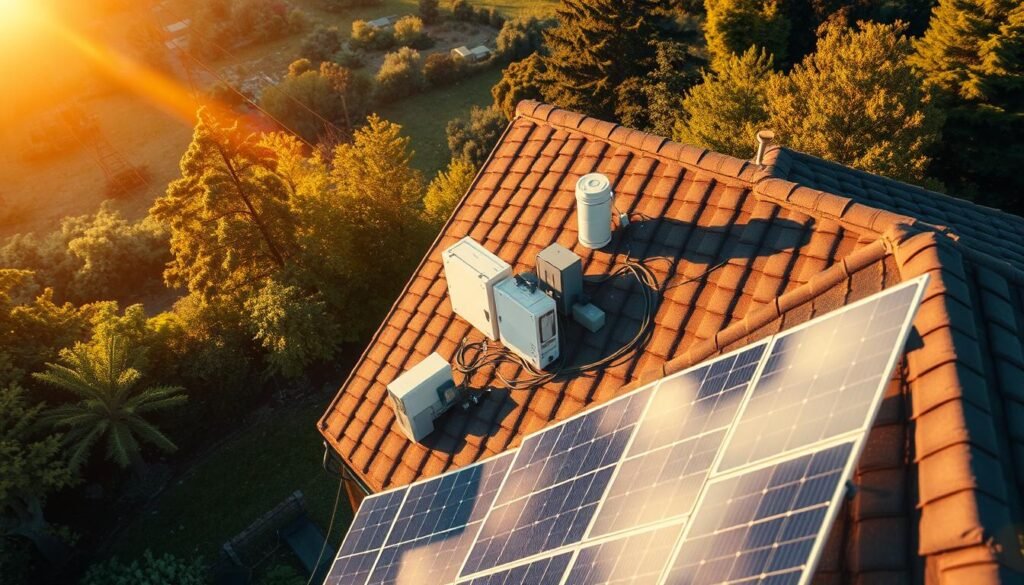 A detailed aerial view of a residential solar panel installation, showcasing the layout and components of a solar energy system. The foreground depicts various solar panels mounted on a house's rooftop, capturing the warm, golden tones of the sun's rays. The middle ground features the electrical components, such as inverters and junction boxes, neatly arranged and integrated into the home's architecture. The background showcases a lush, verdant landscape, accentuating the eco-friendly nature of renewable energy. The scene is captured with a crisp, high-resolution lens, highlighting the intricate details and the overall harmony of the solar power setup. The mood is one of efficiency, sustainability, and a sense of modern, innovative technology blending seamlessly with the natural environment.