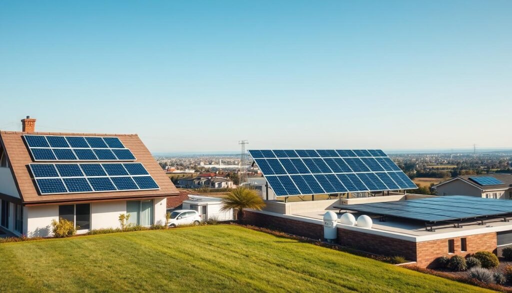 A detailed image showcasing various solar energy systems, including rooftop photovoltaic panels, ground-mounted solar arrays, and solar thermal collectors. The scene depicts a modern residential or commercial setting, with a clear blue sky and a warm, sunny atmosphere. The foreground features a well-manicured lawn and landscaping, while the middle ground showcases the solar energy systems in action, producing clean, renewable electricity. The background includes a cityscape or rural landscape, highlighting the potential for widespread solar energy adoption. The image should convey a sense of sustainability, efficiency, and the benefits of harnessing the power of the sun.