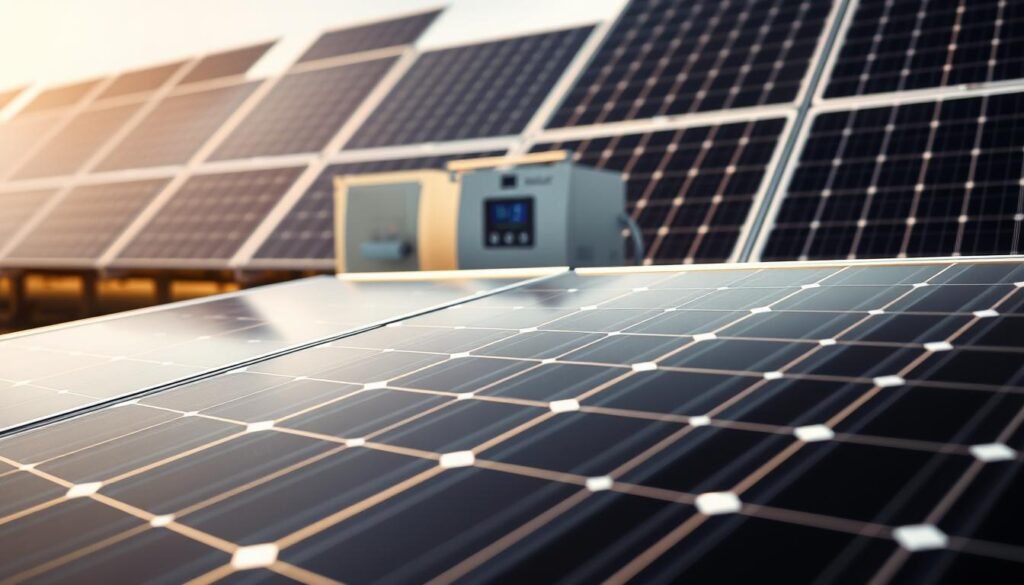 A detailed photorealistic image of a solar panel system, showcasing the key components. In the foreground, a large, high-efficiency solar panel with a sleek, glossy black surface, its edges framed by a sturdy aluminum frame. In the middle ground, a modern inverter unit, its digital display indicating the system's power output. In the background, a well-organized array of additional solar panels, arranged in a symmetrical grid pattern, capturing the sun's rays at an optimal angle. The scene is bathed in warm, natural sunlight, creating subtle shadows and highlights that accentuate the technological details. The overall composition conveys a sense of efficiency, innovation, and the potential of renewable energy.