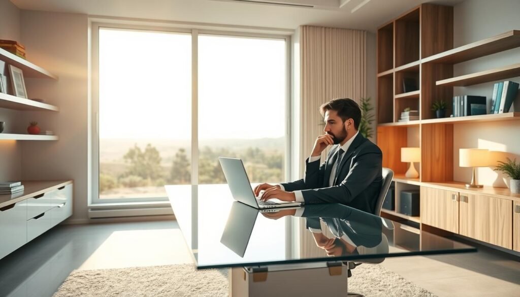 A modern, minimalist office interior with a large window overlooking a sun-drenched landscape. At the center of the room, a professional businessman sits at a sleek, glass-topped desk, deep in thought as he researches and compares solar panel providers on his laptop. The walls are adorned with clean, geometric shelving and accents in shades of white, gray, and natural wood. Warm, diffused lighting from the window and strategically placed lamps creates a serene, productive atmosphere. The overall scene conveys a sense of thoughtful decision-making and careful consideration of the ideal solar energy solution for a residential property.