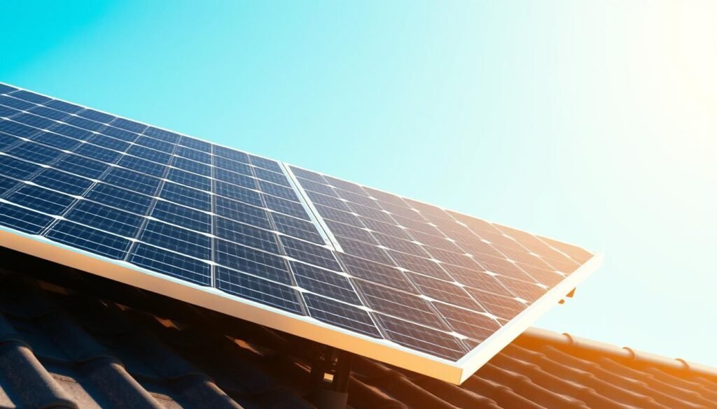 A photorealistic image of a solar panel, centered and filling the frame. The panel is mounted on a rooftop, with a clear blue sky in the background. The panel has a sleek, modern design with a silver frame and black solar cells. Sunlight reflects off the surface, creating a warm, bright atmosphere. The image conveys the high-quality and efficiency of solar technology, suitable for illustrating a section on average solar panel prices in Brazil.