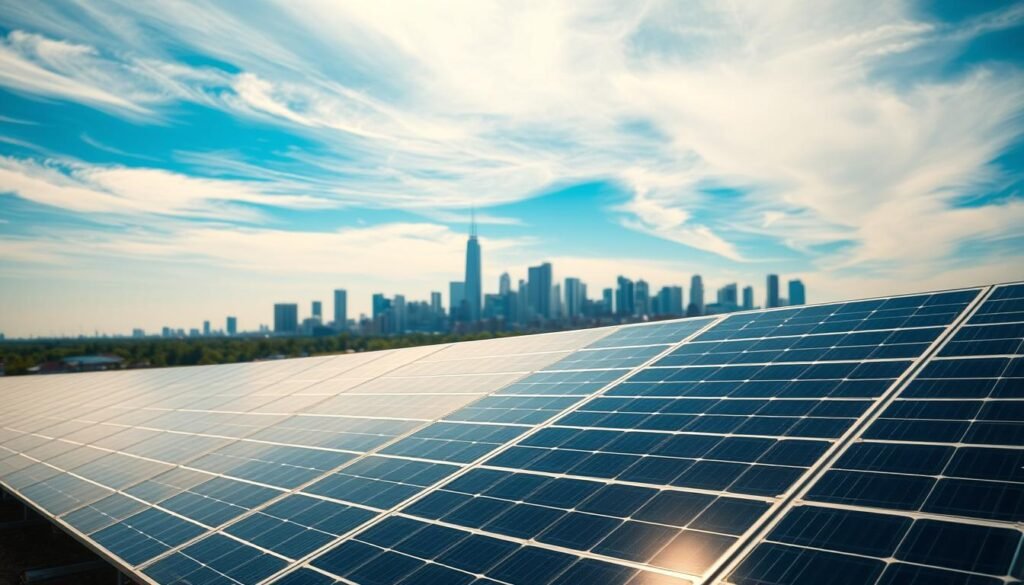 A solar panel array stands prominently in the foreground, its sleek, modern design casting a warm glow under soft, diffused lighting. In the middle ground, a city skyline with skyscrapers and rooftops reflects the growing adoption of renewable energy. The background features a vibrant blue sky with wispy clouds, conveying a sense of optimism and progress. The composition emphasizes the harmonious integration of solar technology within an urban landscape, highlighting the incentives and policies that enable this clean energy transition.