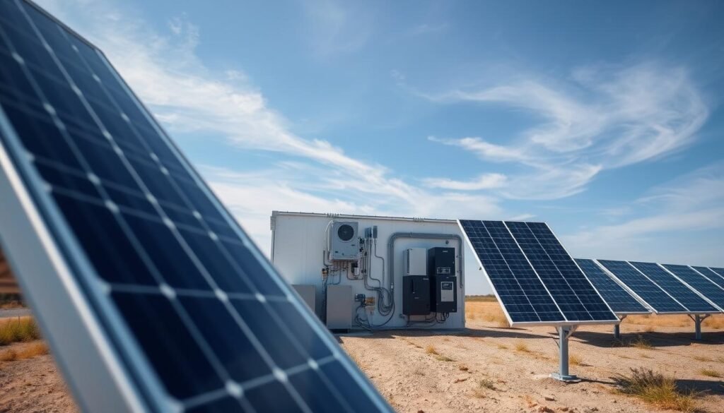 A solar panel installation situated in a well-lit, spacious outdoor setting. In the foreground, sleek, modern solar panels stand tall, their smooth surfaces reflecting the sun's rays. The middle ground features a neatly organized arrangement of inverters, wiring, and other essential components, all expertly installed. In the background, a clear blue sky frames the scene, with wispy clouds adding depth and a sense of tranquility. The overall composition conveys a harmonious integration of renewable energy technology within a natural environment, highlighting the efficient and clean nature of this solar power system.