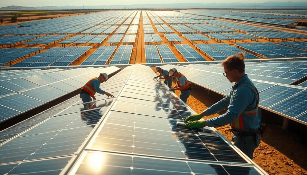 A sprawling solar panel installation, bathed in warm sunlight, with technicians carefully inspecting and maintaining the array. In the foreground, a worker diligently cleans the panels, wiping away dust and debris to maximize efficiency. In the middle ground, others check electrical connections and troubleshoot any issues, ensuring the system operates at peak performance. The background showcases the expansive layout of the solar farm, rows upon rows of gleaming panels stretching towards the horizon. The atmosphere is one of focused professionalism, underscoring the importance of thorough maintenance in preserving the longevity and cost-effectiveness of this renewable energy solution.