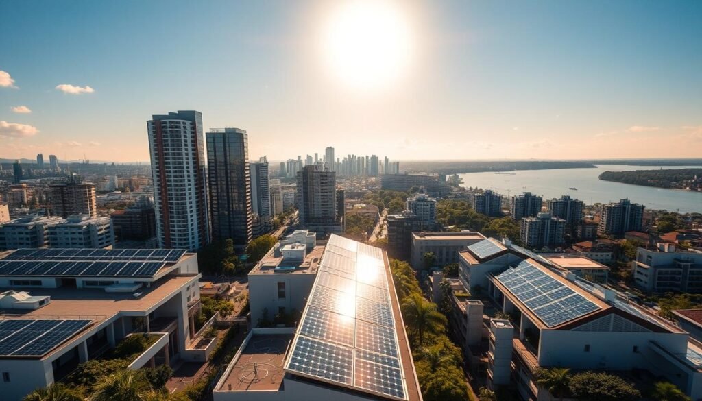 A sun-drenched cityscape of Porto Alegre, Brazil, showcasing the vibrant potential of solar energy. In the foreground, sleek solar panels adorn the rooftops of modern residential and commercial buildings, capturing the sun's abundant rays. The middle ground features a bustling urban landscape, with towering skyscrapers and lush green spaces, all powered by the clean, renewable energy generated from the solar panels. In the background, the iconic Guaíba River meanders, reflecting the city's skyline and the sun's golden glow. The scene conveys a sense of progress, sustainability, and a city embracing the future of renewable energy.