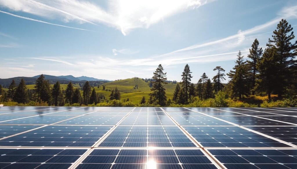A sun-drenched outdoor scene featuring an array of sleek, modern solar panels arranged in a seamless grid. The panels have a lustrous, metallic finish that reflects the bright sunlight, casting a warm glow across the foreground. The middle ground showcases a lush, verdant landscape with rolling hills and towering pine trees, creating a serene and natural backdrop. In the distance, a cloudless azure sky with soft, wispy clouds adds depth and dimension to the composition. The overall atmosphere conveys a sense of efficiency, sustainability, and cost-effectiveness, highlighting the accessibility and affordability of these solar power solutions.