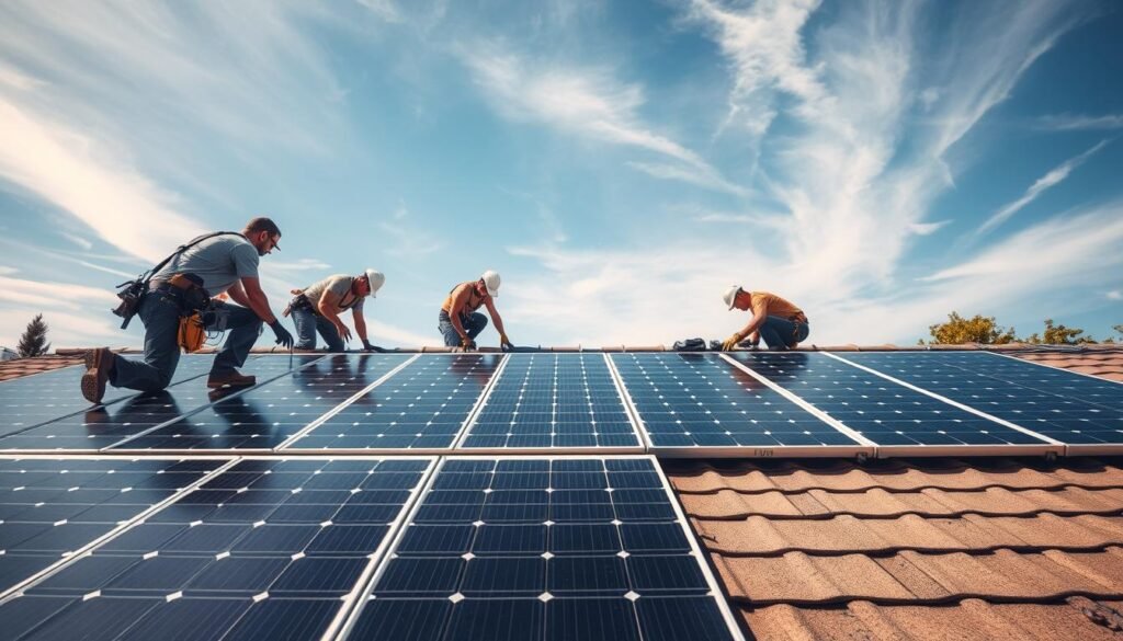 A sunny residential rooftop, with a team of skilled technicians carefully installing a sleek array of solar panels. The foreground shows the workers meticulously aligning the panels, their tools and equipment neatly organized. The middle ground reveals the intricate wiring and electrical components being integrated into the system. In the background, a clear blue sky with wispy clouds creates a sense of tranquility and environmentally-conscious energy. The scene is captured with a cinematic wide-angle lens, highlighting the scale and precision of the solar panel installation process for a modern, sustainable home.