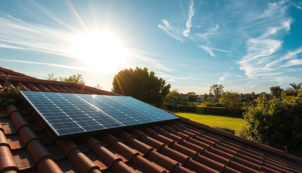 A sunny residential rooftop with sleek, modern solar panels efficiently harnessing the power of the sun. In the foreground, the panels glisten under a warm, golden light, casting gentle shadows across the roof tiles. In the middle ground, a well-manicured lawn and lush, verdant landscaping frame the scene, creating a serene and inviting atmosphere. The background features a clear, azure sky with wispy clouds, conveying a sense of tranquility and renewable energy. The overall composition highlights the integration of solar technology into a comfortable, sustainable home environment.