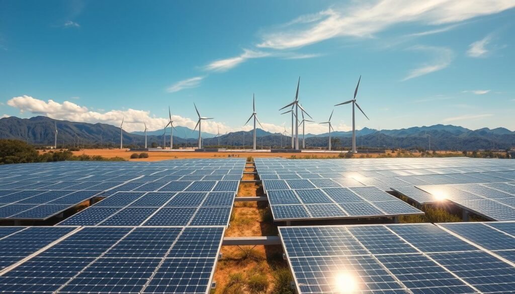 A sweeping panorama of solar energy in Brazil, captured in vivid detail. In the foreground, rows of gleaming photovoltaic panels dot a vast, sun-drenched landscape, their shimmering surfaces reflecting the azure sky above. In the middle ground, towering wind turbines stand sentinel, their graceful blades cutting through the air, harnessing the country's abundant renewable resources. The background features lush, verdant hills and mountains, a testament to Brazil's natural beauty and the harmony between renewable energy and the environment. The lighting is soft and diffused, creating a warm, inviting atmosphere that conveys the promise of a sustainable energy future. Captured through a wide-angle lens, this image offers a comprehensive view of Brazil's thriving solar energy industry, poised to power the nation's progress.