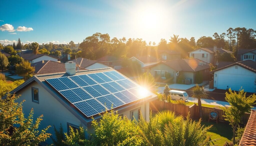 A tranquil residential neighborhood, with houses and trees in the background. In the foreground, a modern house with solar panels installed on the roof, catching the warm rays of the sun. The panels are casting a soft, diffused light, illuminating the scene. In the middle ground, a family relaxing in their lush backyard, enjoying the benefits of renewable energy. The scene conveys a sense of sustainability, environmental awareness, and the peaceful coexistence of technology and nature. A vibrant, sun-drenched landscape that showcases the advantages of solar power for both homes and businesses.