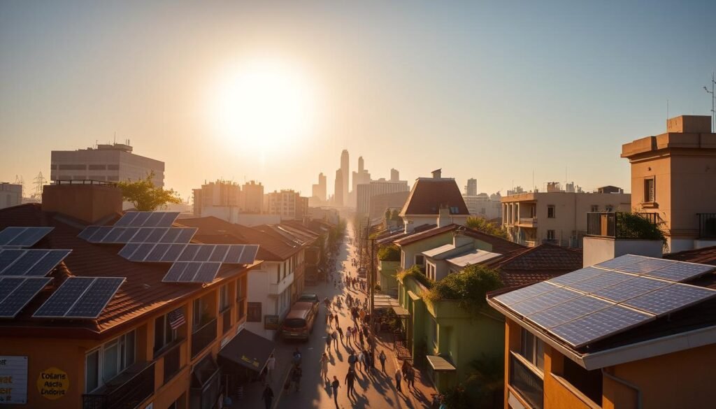 A vibrant cityscape of Porto Alegre, Brazil, bathed in warm, golden sunlight. In the foreground, sleek solar panels adorn the rooftops of residential and commercial buildings, capturing the abundant energy of the sun. The middle ground features a bustling street, with people going about their daily lives, oblivious to the clean, renewable power being generated above them. In the background, the iconic landmarks of the city rise majestically, their facades reflecting the sun's rays. The scene conveys a sense of progress and environmental responsibility, showcasing the successful integration of solar energy into the urban landscape of Porto Alegre.