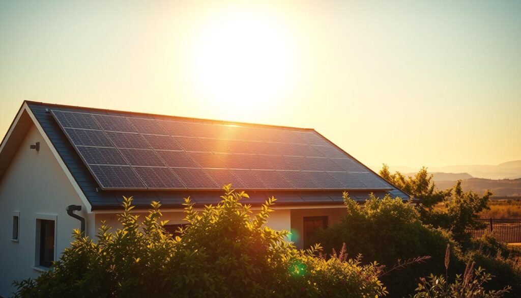 A vibrant solar power landscape, bathed in warm, golden sunlight. In the foreground, a modern residential home, its rooftop adorned with sleek, black solar panels that glimmer in the rays. The middle ground showcases a lush, verdant garden, thriving beneath the renewable energy harnessed above. In the background, a cloudless sky transitions from brilliant azure to soft, hazy oranges, creating a serene, idyllic atmosphere. The image conveys the harmonious integration of solar technology into a comfortable, sustainable living environment, highlighting the benefits of clean, renewable energy for the home.