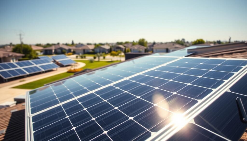 Panoramic view of solar panels installed on a rooftop in a residential neighborhood, with a clear blue sky in the background. The solar panels are arranged in neat rows, reflecting the sunlight with a polished, glossy finish. The middle ground features a well-manicured lawn and some landscaping elements, creating a harmonious integration between the solar technology and the surrounding environment. The foreground showcases a close-up of a single solar panel, highlighting its intricate design and robust construction, conveying a sense of durability and reliability. The overall scene exudes a clean, modern, and environmentally-conscious atmosphere.