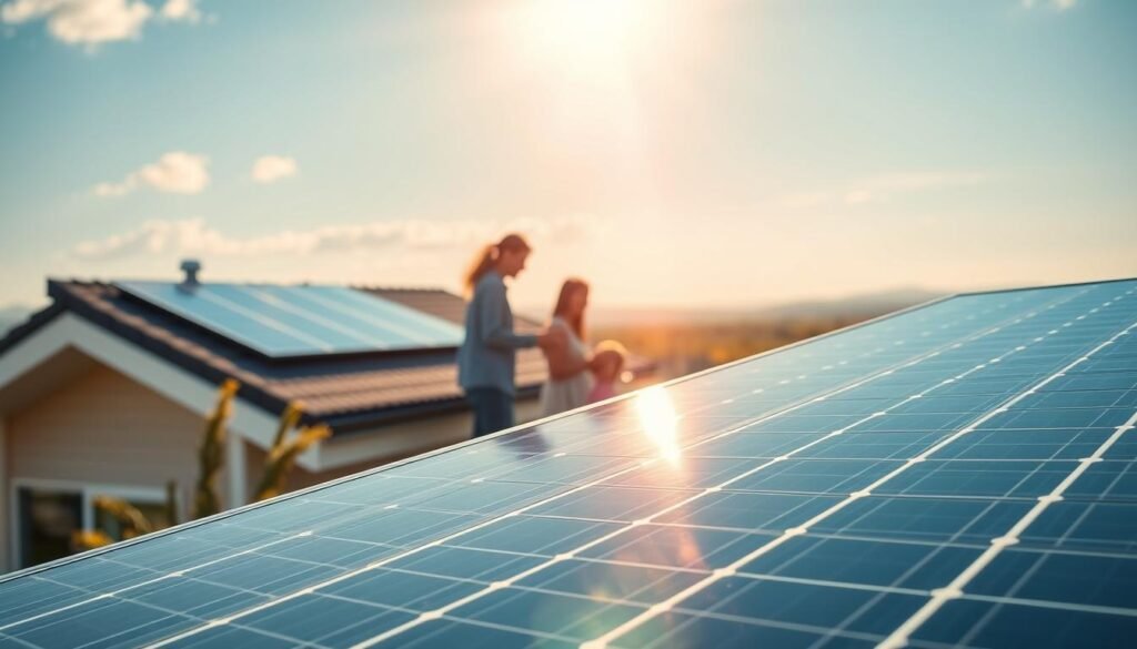 Residential solar financing: a bright future. In the foreground, a gleaming solar panel installation atop a modern home, its sleek design complementing the architectural lines. The middle ground depicts a family gathered, discussing financing options - loan programs, tax credits, and government incentives that make renewable energy accessible. The background showcases a vibrant, sun-drenched landscape, symbolizing the sustainable energy transition. Soft, natural lighting bathes the scene, evoking a sense of warmth and optimism. The composition conveys the accessibility and benefits of residential solar power, inspiring homeowners to embrace a clean energy future.
