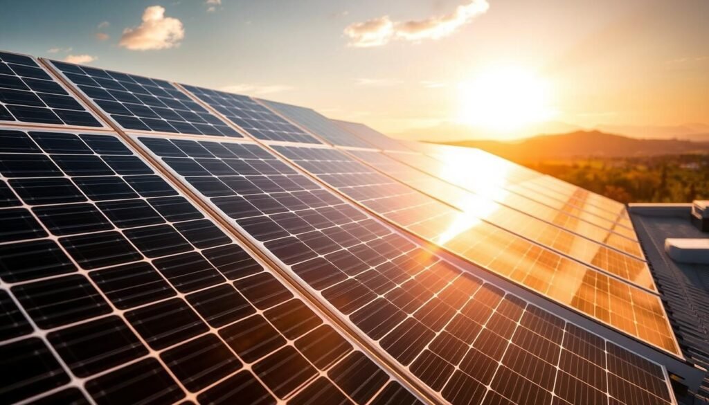 Sleek, modern solar panels arranged in a visually striking layout, bathed in warm, golden afternoon sunlight. The panels are positioned on a rooftop, seamlessly integrated into the architectural design. The foreground features a close-up view of the panels' intricate textures and clean, minimalist aesthetics. The middle ground showcases the panels' efficient tilt and positioning, optimizing energy capture. In the background, a picturesque landscape of rolling hills or a cityscape skyline, emphasizing the panels' versatility and adaptability to diverse environments. The overall scene conveys a sense of sustainable, cost-effective energy generation, aligning with the article's focus on "Mitos e Verdades Sobre Painéis Solares Econômicos".