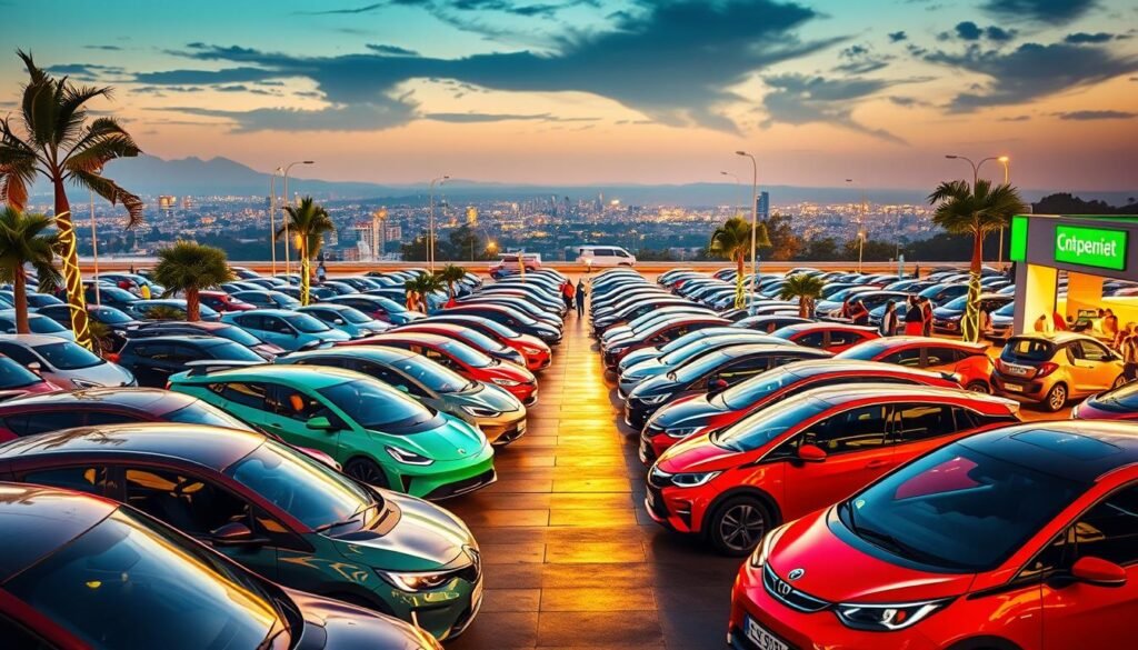 A bustling Brazilian marketplace, illuminated by warm evening light, showcases a vibrant display of cutting-edge electric vehicles. In the foreground, sleek, futuristic models stand out, their streamlined silhouettes and vibrant colors capturing the eye. The middle ground is filled with a diverse array of eco-friendly cars, from compact city runabouts to larger family models, all emblazoned with the logos of prominent Brazilian automakers. In the background, a panoramic view of the city skyline suggests the scale and potential of the burgeoning electric vehicle market. The overall scene conveys a sense of progress, innovation, and a glimpse into the sustainable future of transportation in Brazil.