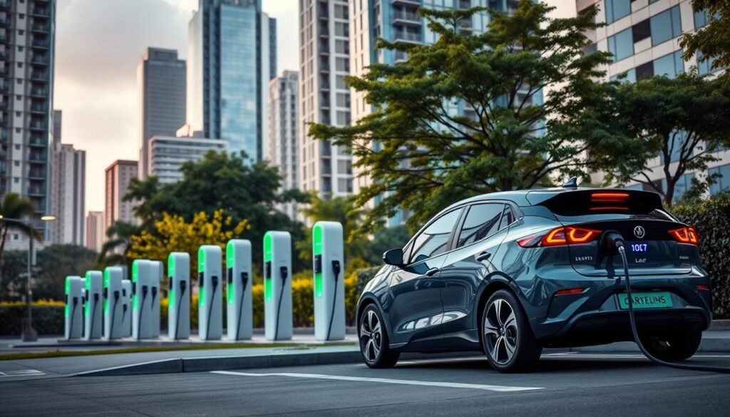A charging station for electric vehicles in a modern urban environment. In the foreground, a sleek and compact electric car plugged into a fast-charging DC station, its battery indicator glowing with power. The middle ground features several Level 2 AC charging units, their status lights blinking in a rhythmic pattern. In the background, a mix of high-rise buildings and lush green trees create a sustainable, eco-friendly atmosphere. Soft, diffused lighting illuminates the scene, conveying a sense of efficiency and technological progress in the realm of electric mobility. The overall composition emphasizes the convenience and accessibility of charging infrastructure in the rapidly evolving Brazilian automotive landscape.