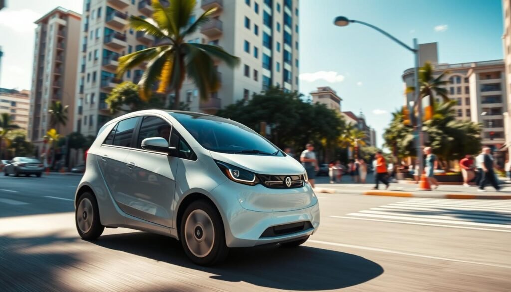 A compact, aerodynamic electric car effortlessly glides through a vibrant Brazilian cityscape. The sleek, modern design features smooth contours and a minimalist aesthetic, evoking a sense of efficiency and affordability. Sunlight dances across the vehicle's glossy exterior, casting dynamic shadows and highlights that accentuate its clean lines. In the foreground, the car is positioned prominently, capturing the viewer's attention and showcasing its accessible, mass-market appeal. The middle ground features a bustling urban environment, with buildings, trees, and pedestrians creating a lively backdrop. The lighting is soft and warm, infusing the scene with a welcoming, inviting atmosphere that reflects the accessibility and practicality of this affordable electric car.