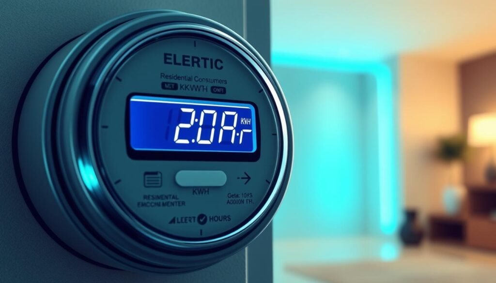 A detailed illustration of a residential electric meter, its display clearly showing the current electricity consumption rate in kilowatt-hours (kWh). The meter is placed against a background of a clean, modern interior, with a warm, soft lighting highlighting the device's digital readout. The scene conveys a sense of efficiency and control, reflecting the article's focus on understanding the basic costs of charging an electric vehicle. The overall composition and styling aim to provide a visually appealing and informative representation of the "custo recarga kwh" concept.