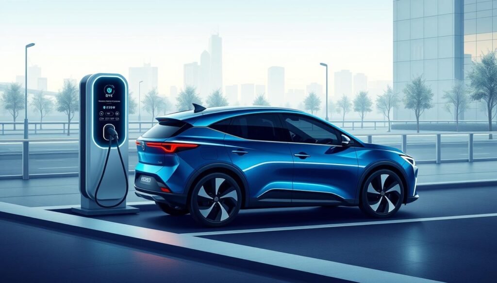 A detailed illustration of a sleek electric vehicle charging station, featuring a BYD Dolphin model charging at a DC fast-charging station. The scene is set against a backdrop of a modern urban landscape, with clean lines and a minimalist aesthetic. The Dolphin's streamlined design is prominently displayed, with a glossy blue exterior and dynamic lighting effects. The charging interface is intuitively designed, with clear indicators and intuitive controls. The overall mood is one of efficiency, sustainability, and technological innovation, capturing the essence of the "Recarga e tempo de carregamento" section of the article.
