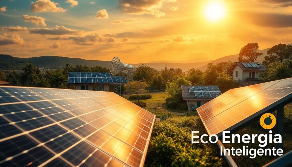 A detailed landscape showcasing various types of solar energy utilization. In the foreground, a large solar panel array stands prominently, capturing the sun's rays. In the middle ground, a solar thermal system with parabolic collectors is visible, generating heat and electricity. Further back, a small solar-powered home nestled among lush greenery, its rooftop adorned with photovoltaic cells. Overhead, the sky is filled with a warm, golden glow, casting a serene atmosphere. In the bottom right corner, the text "Eco Energia Inteligente" is displayed, highlighting the sustainable energy solutions on display.