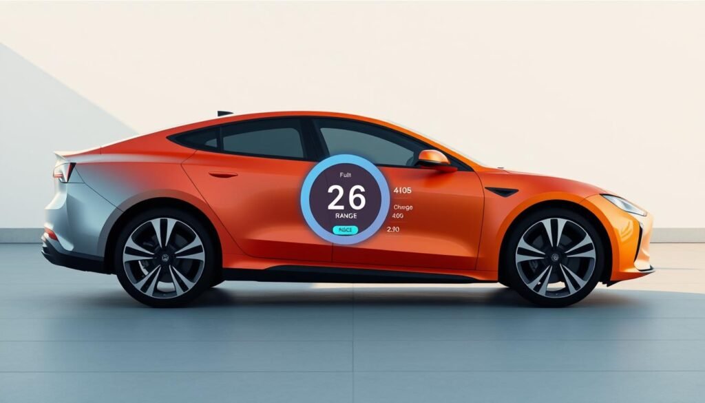 A detailed, photorealistic rendering of an electric car's range and battery capacity showcased in a clean, minimalist environment. The foreground features the car's sleek, aerodynamic silhouette in a vibrant color scheme, highlighting its efficient electric drivetrain. The middle ground displays a digital dashboard or infographic illustrating the car's estimated range, charge levels, and other relevant metrics. The background depicts a serene, urban setting with subtle architectural elements, suggesting the practical application of the electric vehicle in everyday life. Soft, natural lighting casts gentle shadows, creating a sense of depth and dimensionality. The overall composition conveys the core principles of electric car autonomy - efficiency, performance, and sustainability.