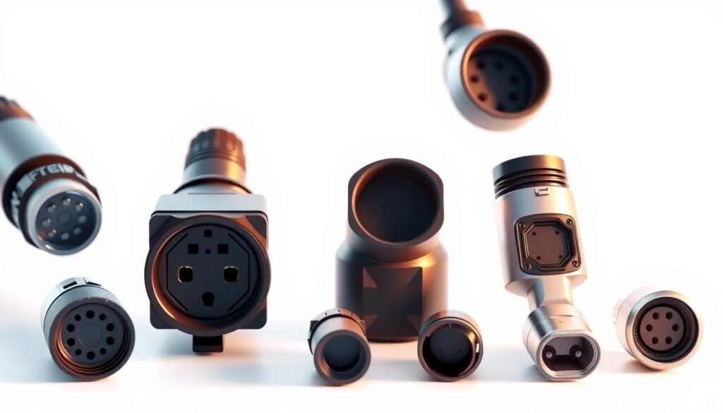 A detailed technical illustration of a variety of electric vehicle charging connectors, including AC Type 1 and Type 2, DC CCS1 and CCS2, and CHAdeMO connectors. The connectors are shown in the foreground against a plain white background, lit by soft, directional lighting to highlight their distinct shapes and features. The image conveys a sense of precision and functionality, emphasizing the technical nature of electric vehicle charging infrastructure.