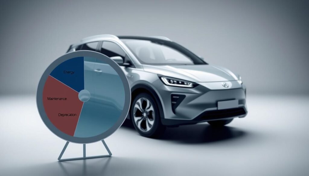A detailed, well-lit image of a simplified car cost breakdown, displaying the total cost of ownership for a budget-friendly electric vehicle. The foreground shows a pie chart with clear, labeled sections for energy, maintenance, and depreciation costs. The middle ground features the electric car model in a neutral, studio-like setting, showcasing its clean, modern design. The background has a subtle, gradient-based color scheme that complements the overall composition. The lighting is soft and directional, emphasizing the key elements and creating a sense of depth and clarity. The overall mood is informative and visually appealing, suitable for illustrating the section on total cost of ownership for an electric car.