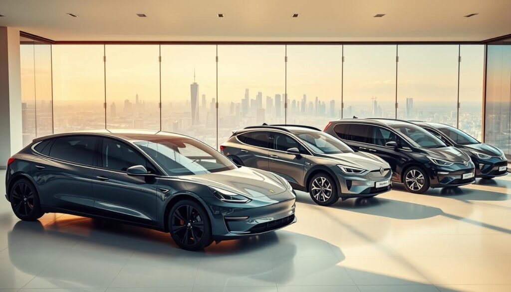 A fleet of diverse electric vehicles in a sleek, modern showroom setting. In the foreground, a range of car models including a compact hatchback, a midsize sedan, and a luxurious SUV, each showcasing its unique design and features. The middle ground features a pair of hybrid vehicles, one a sporty coupe and the other a spacious minivan, highlighting the versatility of eco-friendly transportation options. The background depicts a panoramic view of the city skyline, bathed in warm, natural lighting that enhances the vehicles' glossy finishes. The overall atmosphere exudes a sense of innovation, sustainability, and the future of transportation.