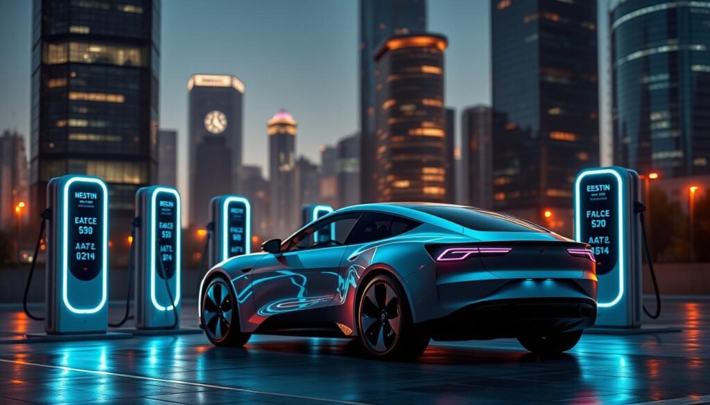 A futuristic electric vehicle charging station, bathed in a warm glow of LED lighting. The foreground features the silhouette of a sleek, aerodynamic electric car, its sleek lines and curves suggesting advanced battery technology and extended driving range. In the middle ground, cutting-edge charging ports stand ready to power the vehicle, their digital displays showcasing real-time battery percentage and estimated driving autonomy. The background fades into a cityscape of towering skyscrapers, hinting at the urban landscapes where these electric cars will thrive, reducing emissions and promoting sustainable transportation. The scene conveys a sense of technological progress, environmental consciousness, and the promise of a greener, more efficient automotive future.