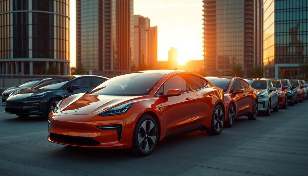 A gleaming fleet of electric cars, their sleek silhouettes illuminated by a warm, golden sunset. The vehicles are parked in a modern, minimalist urban setting, with tall glass-and-steel buildings in the background. The cars feature clean, aerodynamic designs with vibrant colors, capturing the cutting-edge technology and environmental-friendliness of this new era of transportation. Ambient lighting casts soft shadows, highlighting the cars' sharp lines and futuristic details. The scene conveys a sense of progress, innovation, and a world moving towards a more sustainable future.