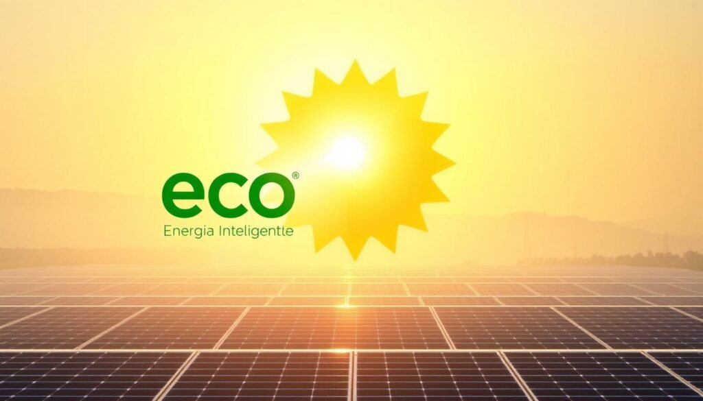 A glowing, vibrant sun dominates the center of the frame, its brilliant rays cascading across a serene, solar-paneled landscape. In the foreground, the "Eco Energia Inteligente" logo stands proud, highlighting the sophisticated technology harnessing the sun's power. The middle ground features an array of sleek, efficient solar panels, their glossy surfaces reflecting the sun's warm glow. The background reveals a hazy, atmospheric sky, suggesting the vast scale and endless potential of solar energy. The overall scene conveys a sense of clean, renewable power, perfectly capturing the "Potência, eficiência e fatores que impactam a geração" section of the article.