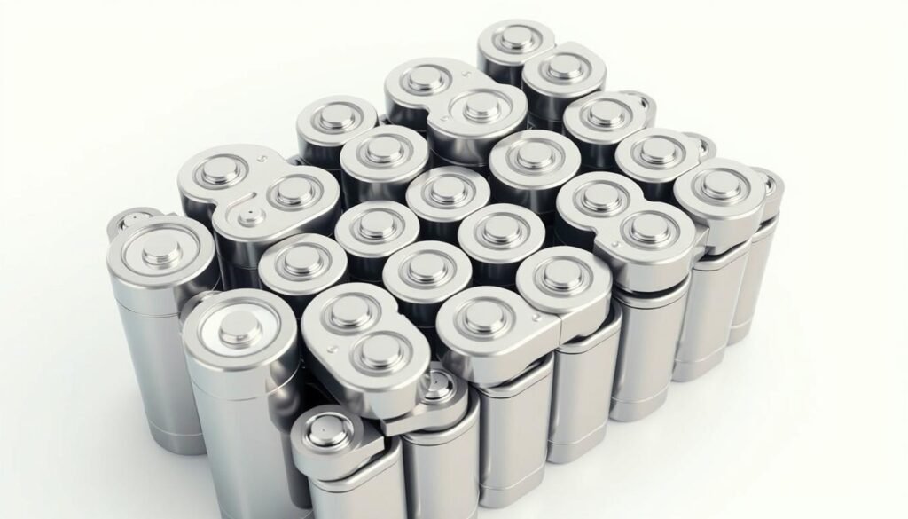 A high-angle, photorealistic view of a group of electric car batteries arranged in a battery pack. The batteries are neatly stacked, with their distinctive cylindrical or prismatic shapes clearly visible. The pack is set against a clean, minimalist background, allowing the batteries to be the central focus. The lighting is soft and even, highlighting the smooth metallic surfaces and intricate circuitry. The overall composition conveys a sense of power, efficiency, and technical sophistication, reflecting the advanced nature of electric vehicle battery technology.
