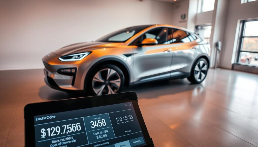 A high-angle shot of a sleek, modern electric car prominently displayed in a showroom setting. The car's clean, aerodynamic lines are bathed in warm, directional lighting that highlights its shiny metallic finish. In the foreground, a digital display shows detailed pricing information, including the purchase price and a breakdown of the total cost of ownership over time. The background features a minimalist, well-appointed showroom interior with subtle branding elements that suggest a premium, forward-thinking automotive brand. The overall mood is one of sophistication, technological innovation, and transparency around the financial benefits of electric vehicle ownership.
