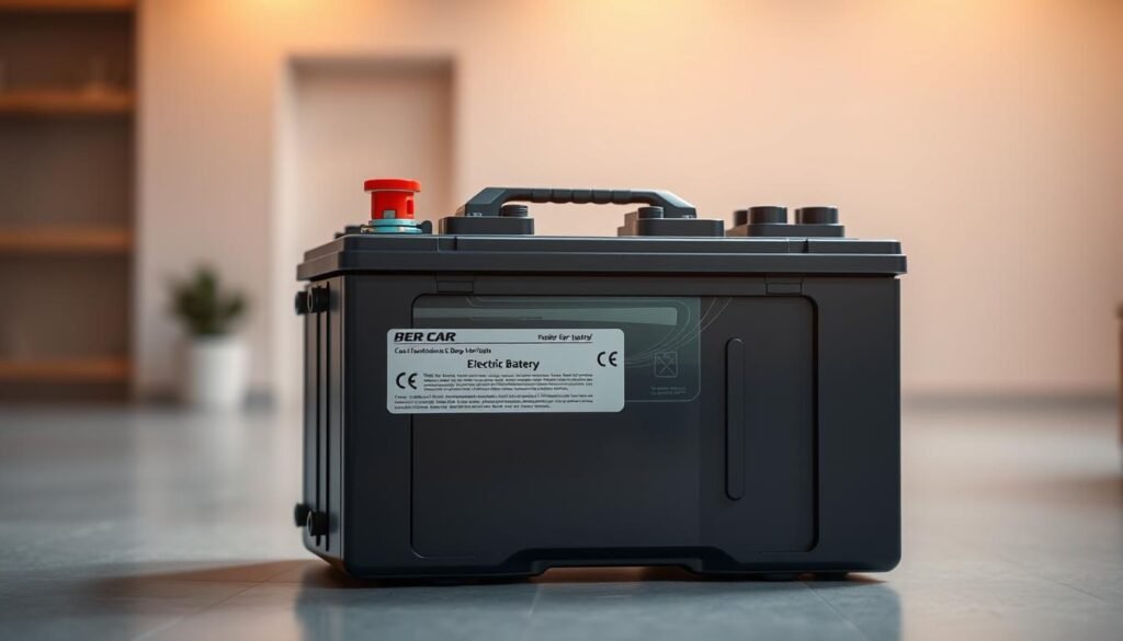 A high-resolution image of a modern electric car battery pack, shown in an indoor setting with warm, soft lighting. The battery is positioned in the foreground, taking up a significant portion of the frame, showcasing its intricate design and components. The middle ground features a clean, minimalist background, allowing the battery to be the focal point. The overall mood is one of technical precision and attention to detail, suitable for illustrating the "Carregamento e uso no dia a dia no Brasil" section of the article.