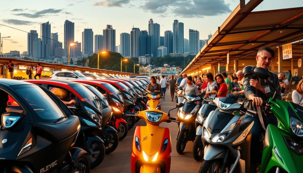 A lively panorama of a bustling Brazilian electrical goods market. In the foreground, stalls display a vibrant array of affordable electric vehicles - compact city cars, nimble scooters, and sleek motorcycles. The middle ground features shoppers browsing the selection, their faces lit by the warm glow of LED headlights. In the background, a skyline of towering high-rises frames the scene, hinting at the growing urban demand for eco-friendly mobility options. The whole composition is bathed in a golden afternoon light, capturing the dynamic energy and market momentum of Brazil's emerging affordable electric vehicle segment.