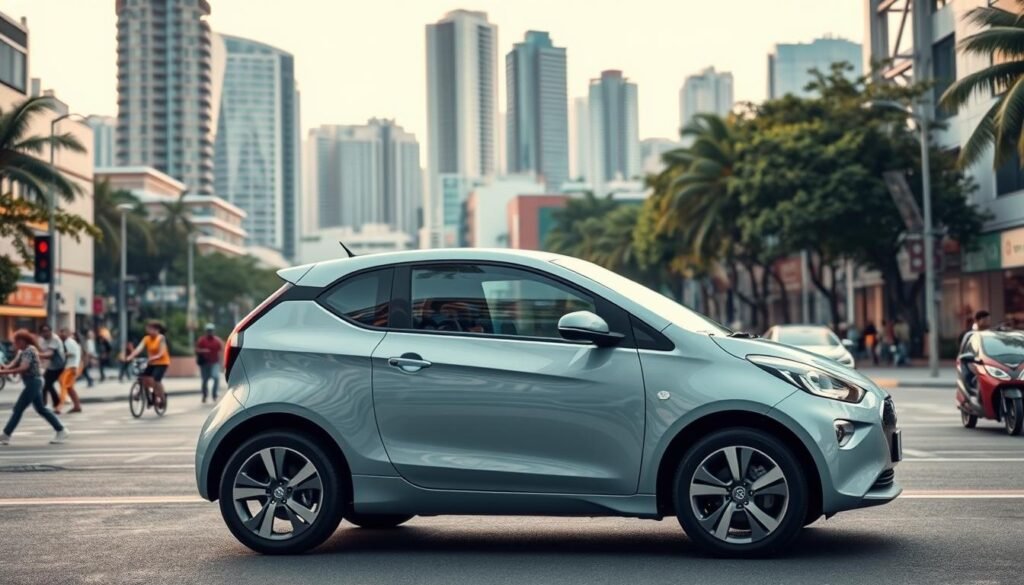 A low-cost electric vehicle in a modern Brazilian urban setting. In the foreground, the sleek, compact body of an affordable electric car, its smooth contours and vibrant color reflecting the city's vibrancy. The midground features a bustling city street, with pedestrians, cyclists, and other electric vehicles navigating the scene. In the background, a mix of contemporary high-rise buildings and lush greenery, creating a dynamic, sustainable cityscape. The lighting is soft and natural, casting a warm glow over the entire composition. The overall atmosphere conveys a sense of accessibility, practicality, and environmental consciousness, reflecting the ethos of a budget-friendly electric car in the Brazilian market.