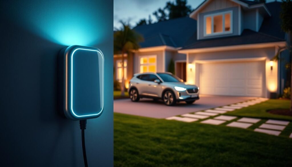 A modern and well-lit residential setting, showcasing the installation of a sleek, wall-mounted electric vehicle charging station. The charger is positioned prominently in the foreground, its metallic casing gleaming under soft, diffused lighting. The middle ground features a neatly arranged driveway, with a electric vehicle parked nearby, emphasizing the practical application of the charging infrastructure. In the background, a well-manicured lawn and subtle architectural details of the home create a welcoming, suburban ambiance. The overall scene conveys a sense of accessibility, sustainability, and the seamless integration of electric vehicle technology into the residential landscape.