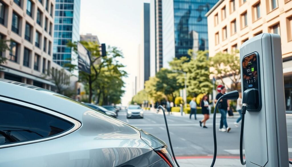 A modern, well-lit electric vehicle charging station in a vibrant urban setting. In the foreground, a sleek, silver electric car is plugged into a fast charging port, its battery indicator glowing with a full charge. The middle ground features a clean, minimalist charging station design with intuitive controls and status displays. In the background, a bustling city street with tall, glass-fronted buildings, lush greenery, and pedestrians going about their day, creating a sense of energy and progress. The image conveys the ease, convenience, and ubiquity of electric vehicle charging in the day-to-day urban landscape.