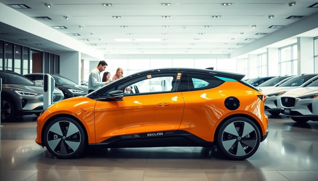 A modern, well-lit interior of a spacious electric vehicle showroom. The foreground features a sleek, futuristic electric car in a prominent position, its streamlined body and vibrant color scheme commanding attention. In the middle ground, prospective buyers examine the vehicle, evaluating its features and charging capabilities. The background showcases a variety of electric models, each highlighting their unique design and technological advancements. The overall atmosphere conveys a sense of excitement and possibility, encouraging the viewer to consider the benefits of transitioning to an eco-friendly electric vehicle.