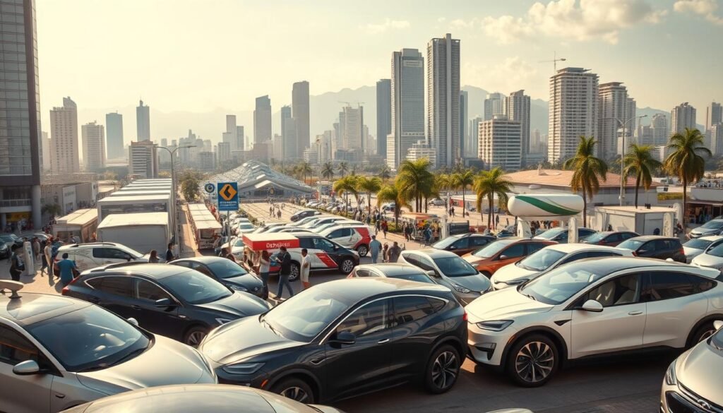 A panoramic view of a bustling electric vehicle market in Brazil. In the foreground, an array of sleek, modern electric cars are on display, showcasing the latest technology and designs. The middle ground features a lively marketplace, with vendors selling charging stations, batteries, and other EV accessories. In the background, towering skyscrapers and bustling streets create a dynamic urban landscape, reflecting the growing demand for sustainable transportation solutions. The scene is bathed in warm, natural lighting, conveying a sense of progress and optimism surrounding the electric vehicle industry in the country.