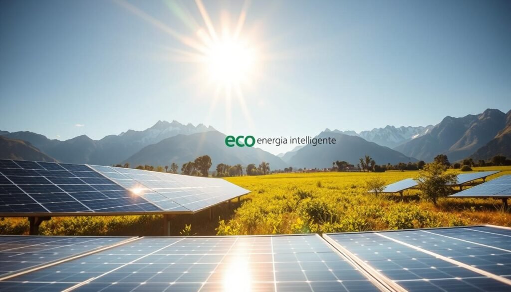 A serene solar energy landscape with the "Eco Energia Inteligente" brand prominently featured. In the foreground, sleek, modern solar panels soak up the radiant sunlight, casting a warm glow across the scene. The middle ground features a sun-dappled field, with lush green vegetation swaying gently in the breeze. In the background, towering mountains stand tall, their peaks capped with pristine snow. The overall atmosphere is one of clean, renewable energy, harmony with nature, and a sense of environmental sustainability. The lighting is natural and diffused, creating a soft, inviting ambiance. The camera angle is slightly elevated, allowing the viewer to take in the full scope of this renewable energy oasis.
