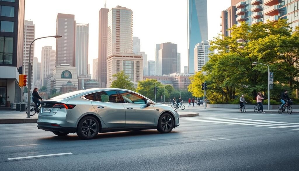A serene urban scene showcasing the advantages of electric cars for everyday use. In the foreground, a sleek, modern electric vehicle silently glides along a city street, its smooth lines and gleaming exterior exuding a sense of efficiency and modernity. The middle ground features pedestrians and cyclists enjoying the clean, quiet environment, free from the noise and emissions of traditional combustion engines. In the background, a cityscape of towering skyscrapers and lush greenery creates a backdrop of sustainability and technological progress. Warm, diffused lighting casts a soft, inviting glow, highlighting the harmony between the electric car and its urban surroundings. The overall atmosphere conveys the convenience, environmental benefits, and forward-thinking nature of electric vehicles in the context of daily life.