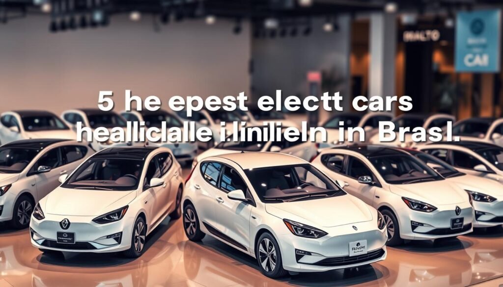 A sleek and modern-looking grid of affordable electric cars prominently displayed in a well-lit showroom setting. The cars are arranged in a visually appealing layout, showcasing their clean, minimalist designs. The lighting is soft and warm, creating a welcoming atmosphere. The background is blurred, keeping the focus on the featured vehicles. The overall composition conveys a sense of accessibility and affordability, aligning with the theme of "the cheapest electric cars available in Brazil."