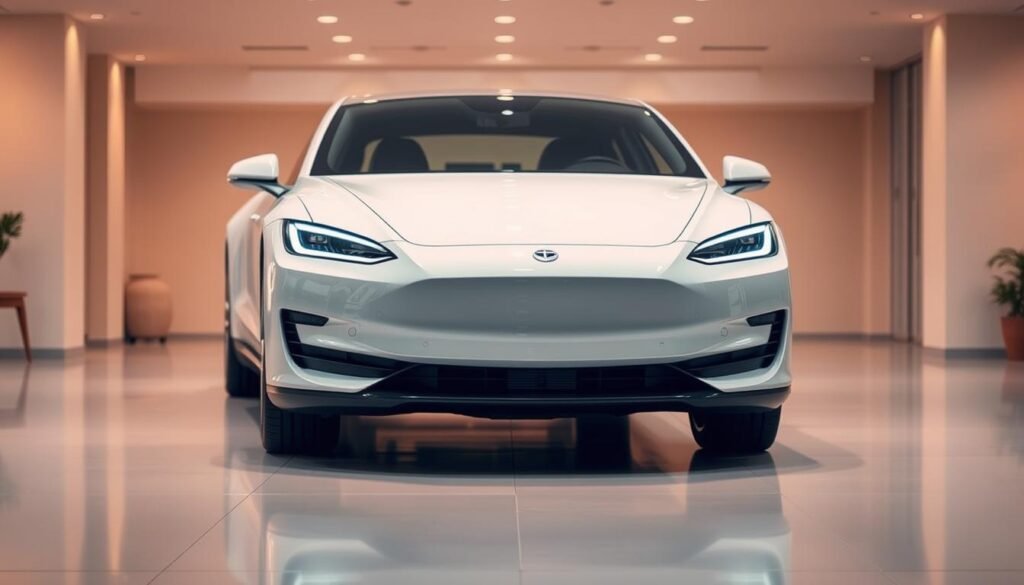 A sleek, contemporary electric car parked in a well-lit showroom. The vehicle's smooth, aerodynamic body gleams under the warm, diffused lighting, highlighting its clean, minimalist design. The car is positioned in the foreground, showcasing its bold, distinctive front grille and captivating headlight configuration. In the middle ground, the showroom's polished floors and backdrop of neutral-toned walls create a sophisticated, modern ambiance. The scene conveys a sense of efficiency, environmental responsibility, and the future of sustainable transportation.