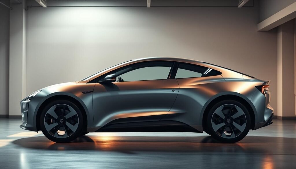 A sleek, futuristic electric car stands in a modern, well-lit garage. The car's exterior gleams with a metallic finish, its clean lines and aerodynamic design hinting at impressive power and efficiency. The car's dashboard and interior are visible through the large, panoramic windshield, showcasing a minimalist, high-tech interface. Soft, directional lighting illuminates the scene, casting warm shadows and highlighting the car's impressive battery pack and powertrain components. The overall atmosphere exudes a sense of technological advancement, practicality, and environmental responsibility.