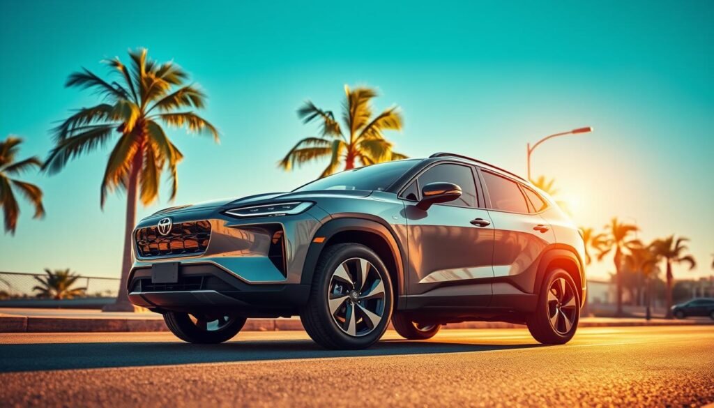A sleek, modern electric SUV parked on a city street, bathed in warm golden sunlight. The vehicle's bold, angular lines and sculpted body panels convey a sense of power and efficiency. The front grille features a prominent brand emblem, hinting at the high-tech electric powertrain within. The wheels are large and aggressive, lending an athletic stance. In the background, a few palm trees sway gently, and the sky is a deep, vibrant blue, creating a harmonious, urban-chic aesthetic. The overall impression is one of a practical, yet stylish, electric SUV that would be at home in the bustling streets of Brazil.