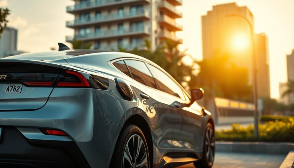 A sleek, modern electric car charging in a well-lit urban setting. The vehicle's clean, aerodynamic design is accentuated by warm, golden sunlight filtering through the cityscape. The car's exterior gleams with a vibrant, metallic finish, conveying a sense of advanced technology and environmental responsibility. In the background, a blend of contemporary architecture and lush greenery creates a visually striking and forward-thinking atmosphere, reflecting the progressive nature of electric vehicles in the Brazilian market.