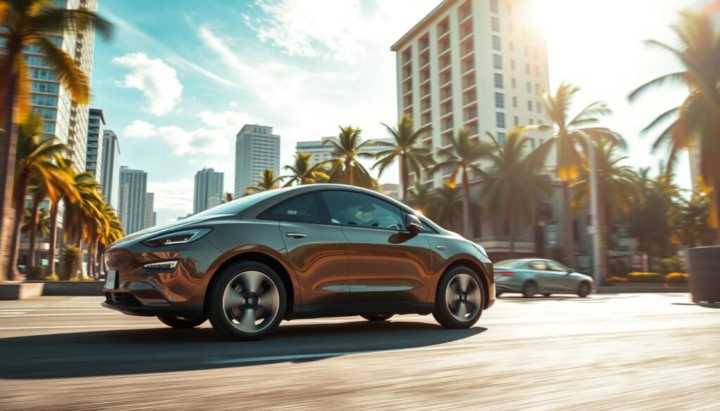 A sleek, modern electric car cruises down a bustling Brazilian city street. The vehicle's streamlined silhouette and vibrant color scheme suggest an affordable, mass-market model designed for the local market. In the background, high-rise buildings and palm trees create an urban, tropical atmosphere. Bright sunlight filters through wispy clouds, casting a warm, golden glow over the scene. The car's smooth, efficient movements and the surrounding infrastructure imply a growing trend towards sustainable mobility solutions in Brazil's urban centers, hinting at a future of more affordable electric options and expanded charging networks.